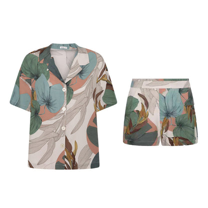 Ladies V-neck Casual Short Sleeve Shorts Set