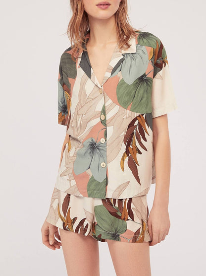 Ladies V-neck Casual Short Sleeve Shorts Set