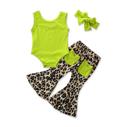 Foreign Trade Children'S Clothing Summer Girls Foreign Style Suit Bright Color Vest Romper And Leopard Flared Pants
