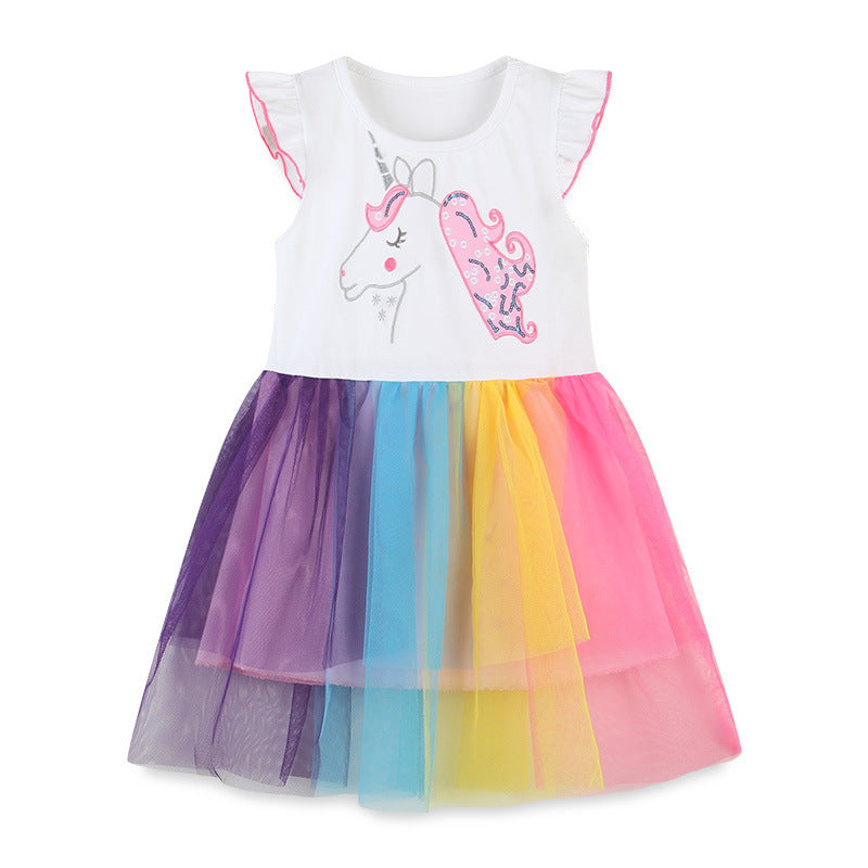 Girls' Short-Sleeved Dress Color Mesh Embroidery White Princess Dress