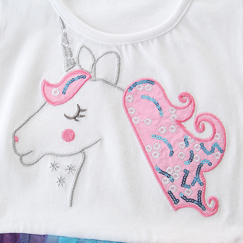 Girls' Short-Sleeved Dress Color Mesh Embroidery White Princess Dress