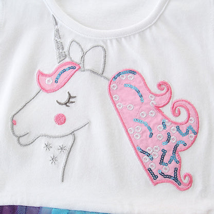 Girls' Short-Sleeved Dress Color Mesh Embroidery White Princess Dress