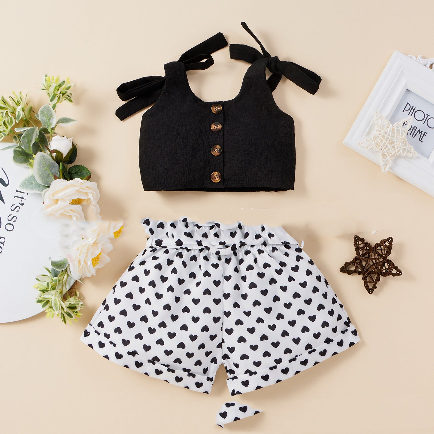 Amazon Hot Style Solid Color Top  Love Shorts Two-Piece Suit