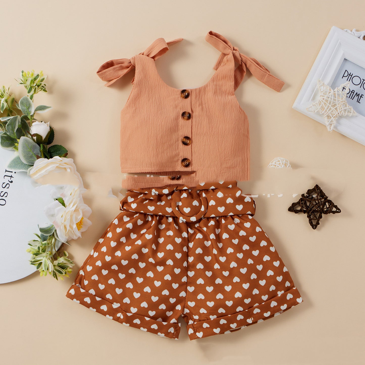 Amazon Hot Style Solid Color Top  Love Shorts Two-Piece Suit