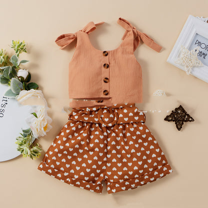 Amazon Hot Style Solid Color Top  Love Shorts Two-Piece Suit