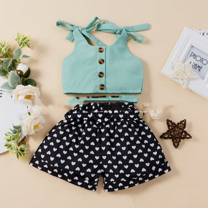 Amazon Hot Style Solid Color Top  Love Shorts Two-Piece Suit