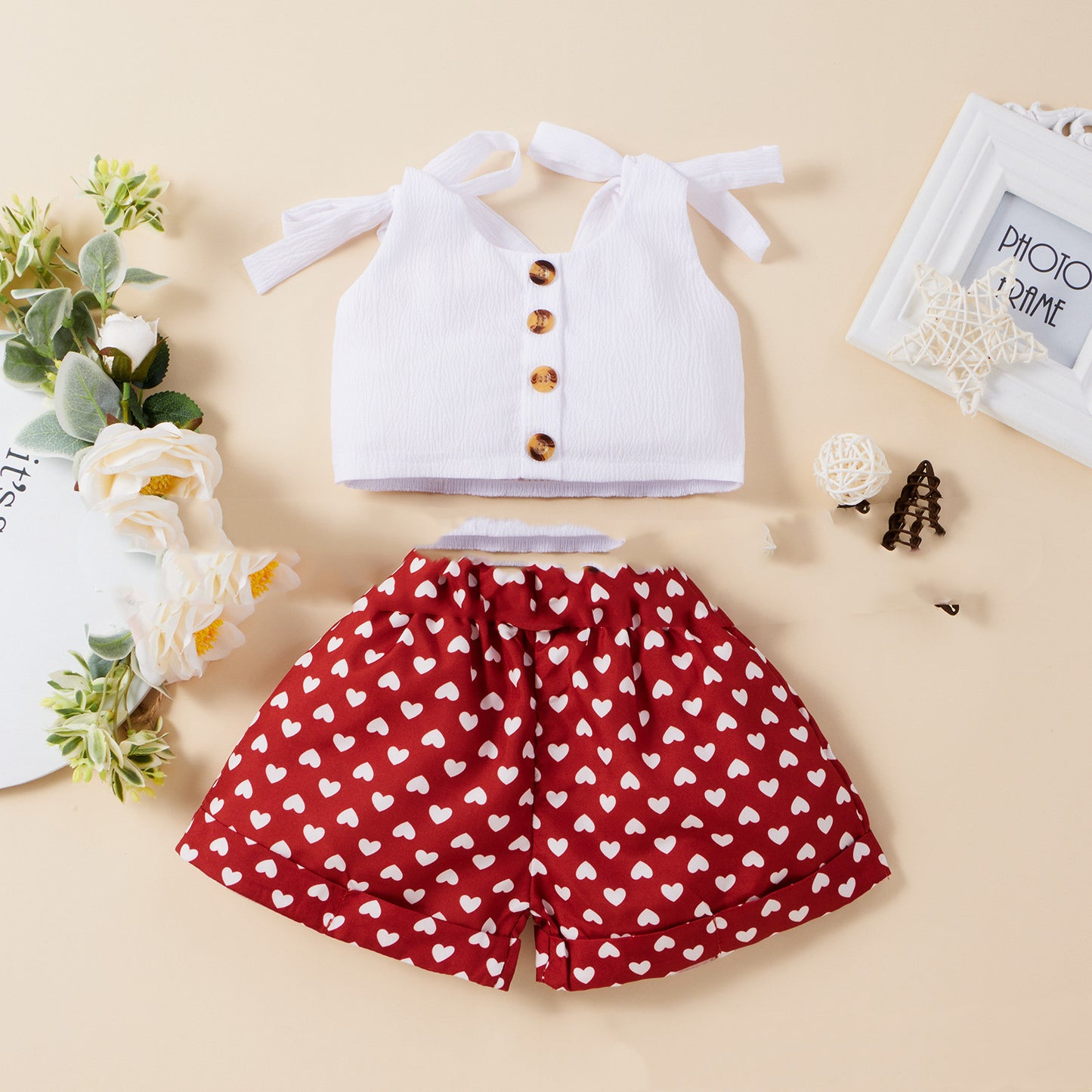 Amazon Hot Style Solid Color Top  Love Shorts Two-Piece Suit