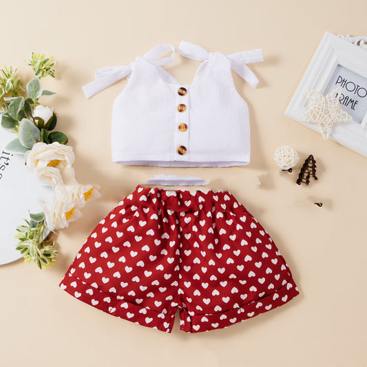 Amazon Hot Style Solid Color Top  Love Shorts Two-Piece Suit