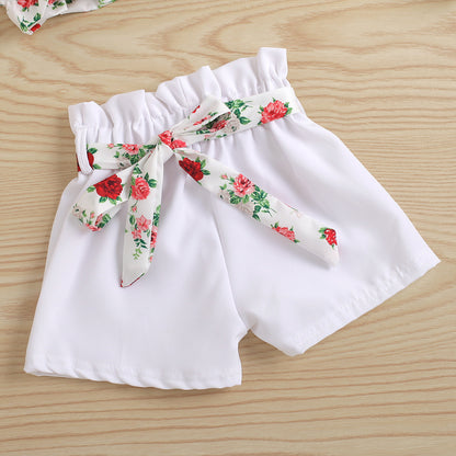 White Printed Rose Flower Off Shoulder Short Top  White Fashion Shorts With Belt