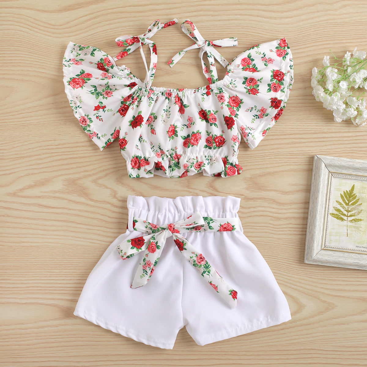 White Printed Rose Flower Off Shoulder Short Top  White Fashion Shorts With Belt