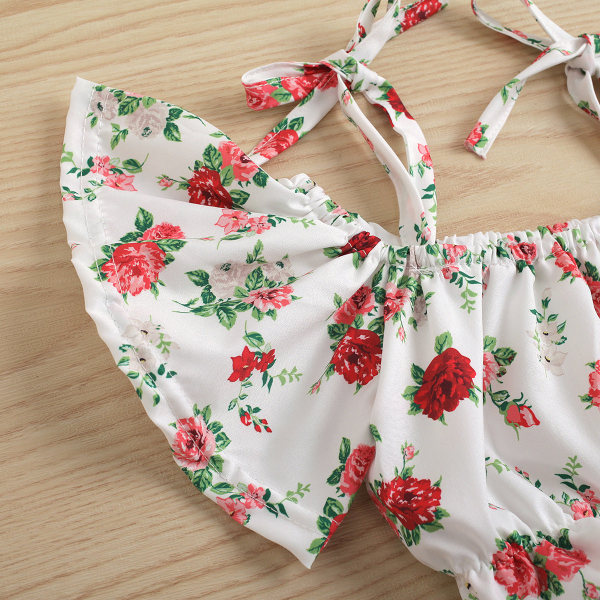 White Printed Rose Flower Off Shoulder Short Top  White Fashion Shorts With Belt