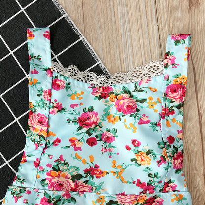 Girls Halter Lace Floral Jumpsuit Romper