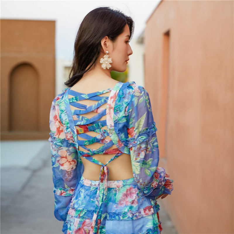 Blue Floral V Back Long-sleeved Jumpsuit Skirt