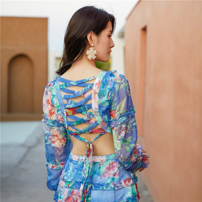 Blue Floral V Back Long-sleeved Jumpsuit Skirt