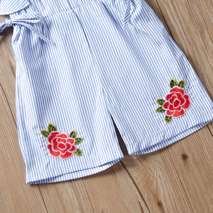 Cute Striped Flower Embroidery Short Romper