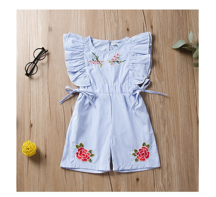 Cute Striped Flower Embroidery Short Romper