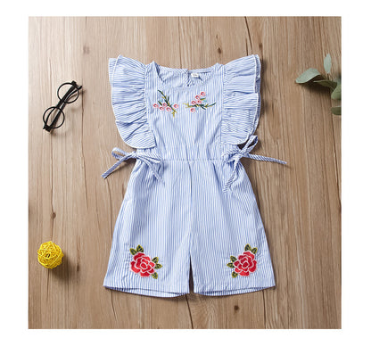 Cute Striped Flower Embroidery Short Romper