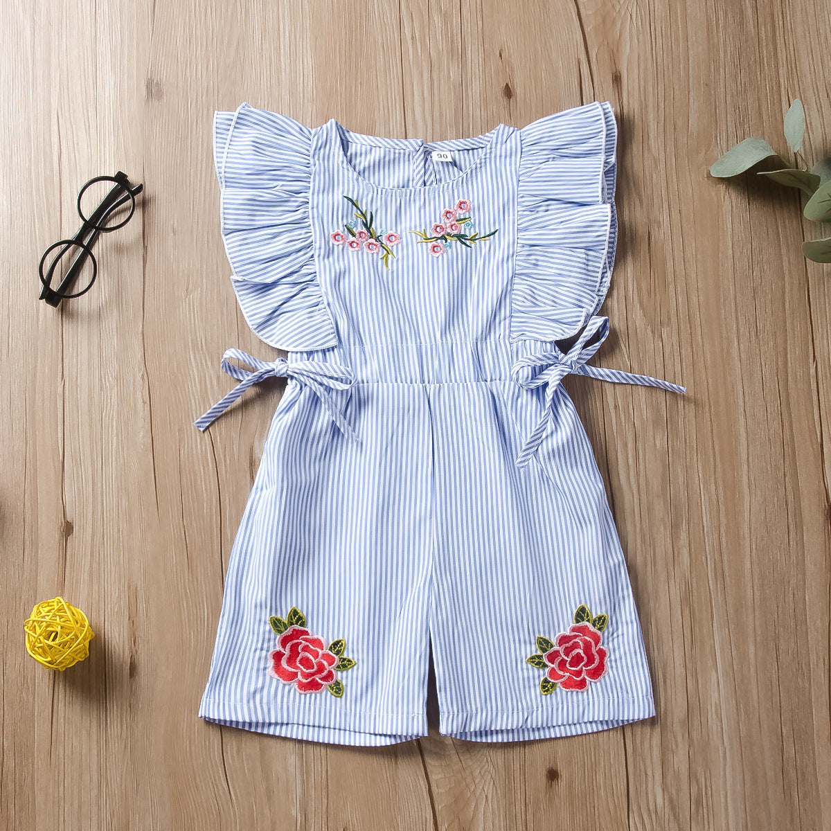 Cute Striped Flower Embroidery Short Romper