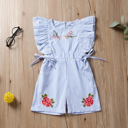 Cute Striped Flower Embroidery Short Romper