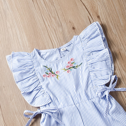 Cute Striped Flower Embroidery Short Romper