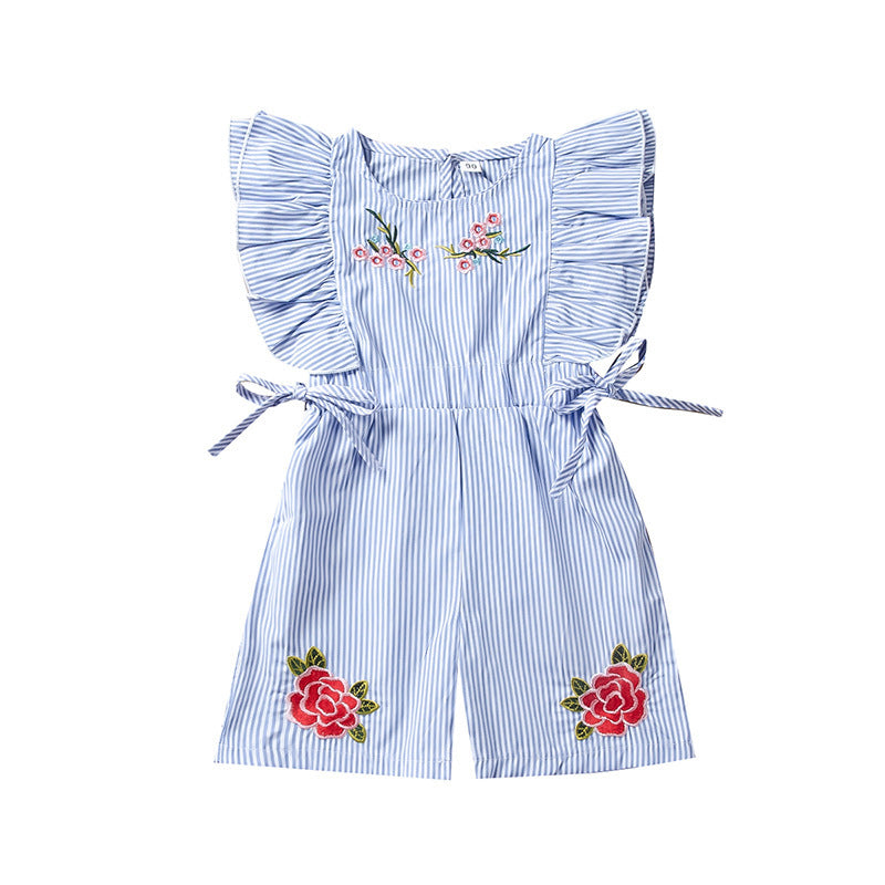 Cute Striped Flower Embroidery Short Romper
