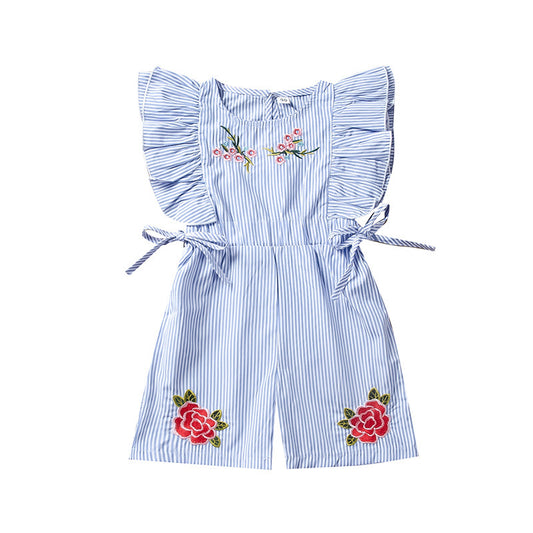 Cute Striped Flower Embroidery Short Romper