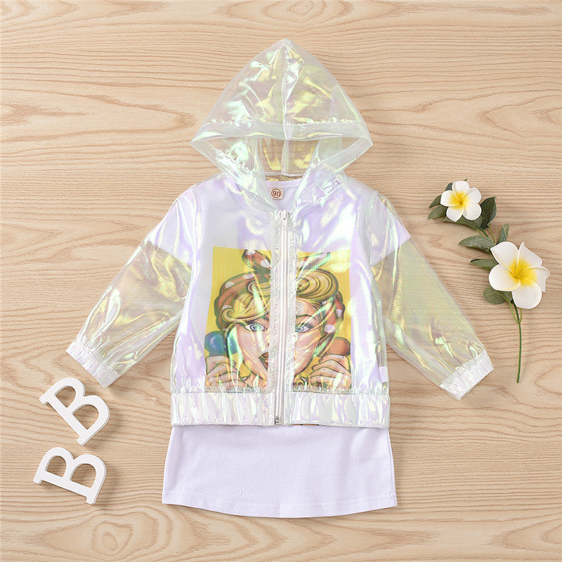 Transparent Organza Hooded Jacket And Cute Cartoon Print Skirt Suit
