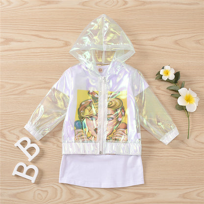 Transparent Organza Hooded Jacket And Cute Cartoon Print Skirt Suit