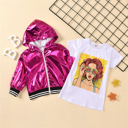 Transparent Organza Hooded Jacket And Cute Cartoon Print Skirt Suit