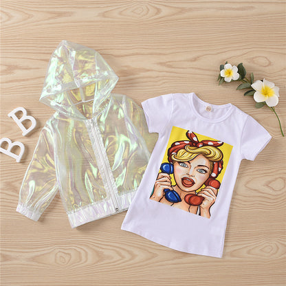 Transparent Organza Hooded Jacket And Cute Cartoon Print Skirt Suit