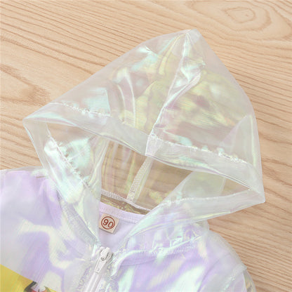 Transparent Organza Hooded Jacket And Cute Cartoon Print Skirt Suit