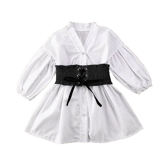 Korean Style Long-sleeved Pure White Girls Lace Bow Tie Dress