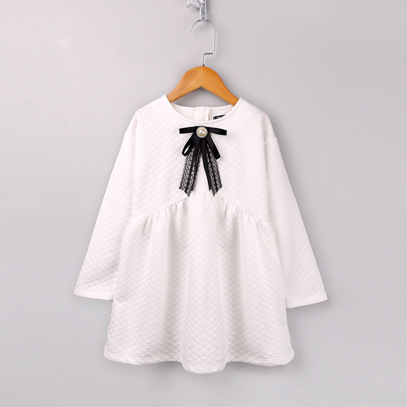 Korean Style Long-sleeved Pure White Girls Lace Bow Tie Dress