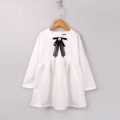 Korean Style Long-sleeved Pure White Girls Lace Bow Tie Dress