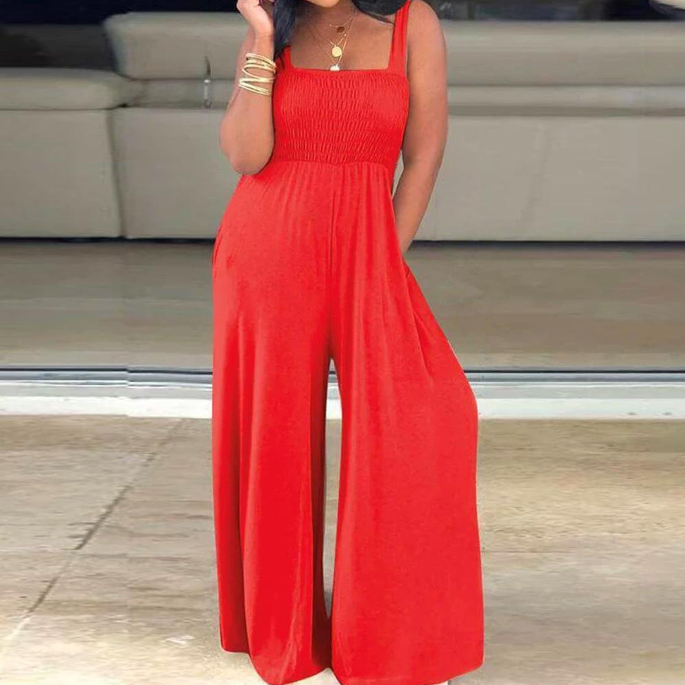 Solid Color Square Collar Loose Sleeveless Wide-leg Jumpsuit