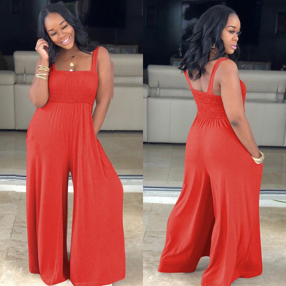Solid Color Square Collar Loose Sleeveless Wide-leg Jumpsuit
