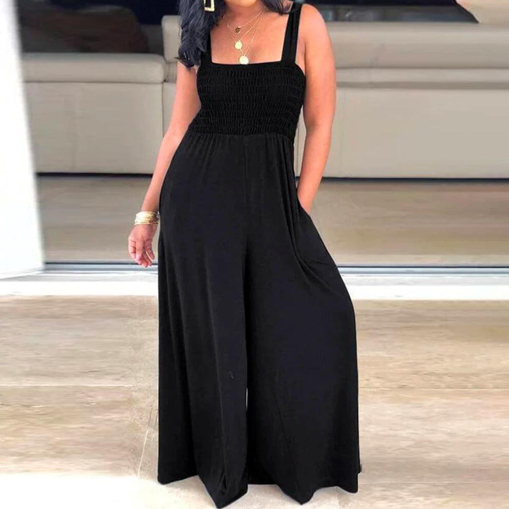 Solid Color Square Collar Loose Sleeveless Wide-leg Jumpsuit