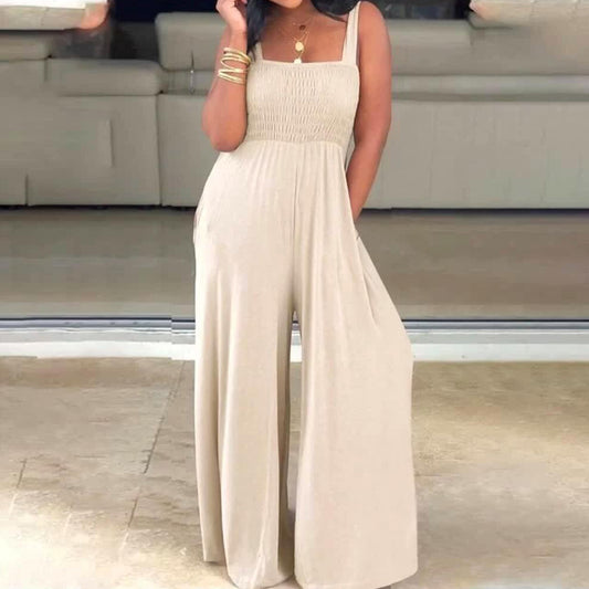 Solid Color Square Collar Loose Sleeveless Wide-leg Jumpsuit