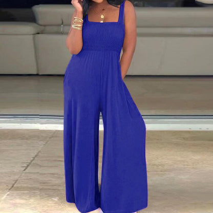 Solid Color Square Collar Loose Sleeveless Wide-leg Jumpsuit