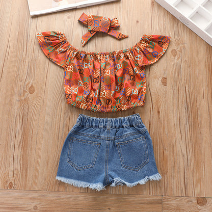 Printed Pullover Denim Shorts Suit European And American Summer Three-piece Children's Clothing Girls Hot Pants Suit