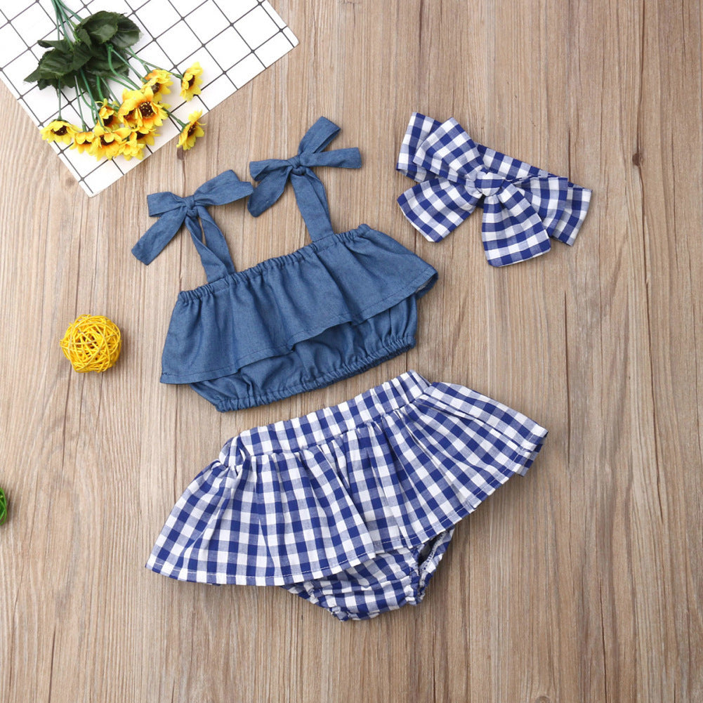 European And American Summer New Suspenders Denim Clothes To Lattice Butt Pants Headscarf