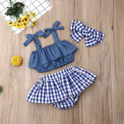 European And American Summer New Suspenders Denim Clothes To Lattice Butt Pants Headscarf