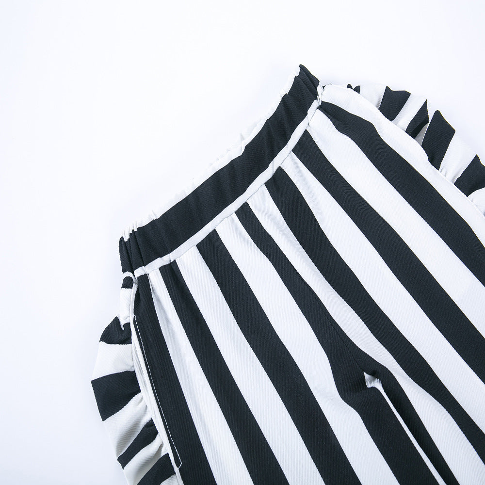 Girls new children's fashion tide black short T + striped fungus wide leg pants