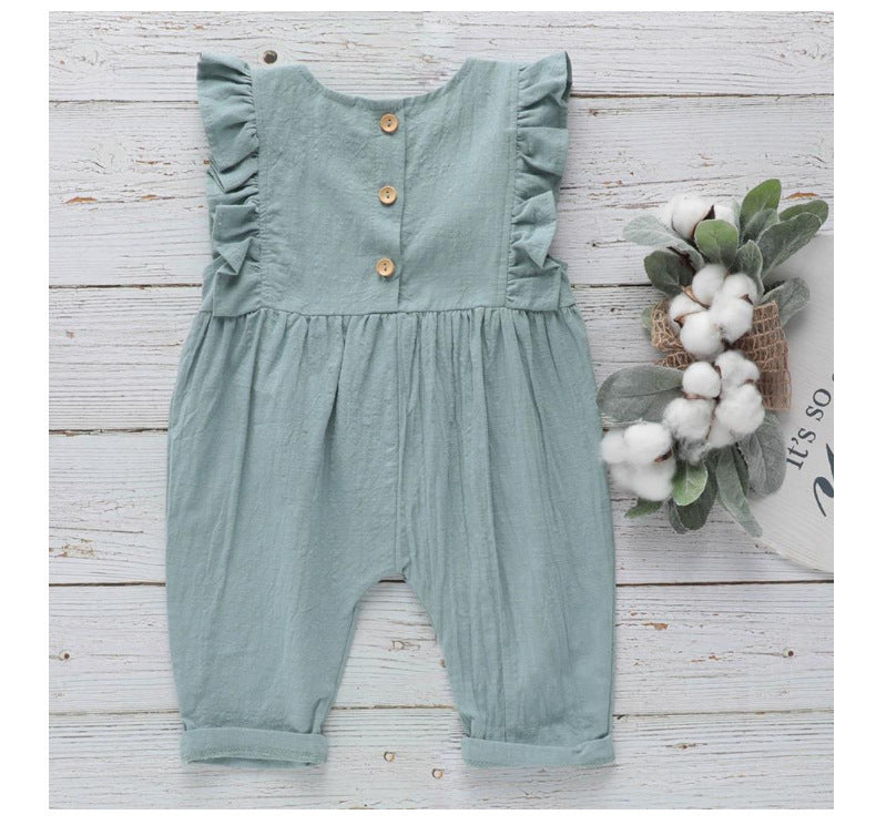 Girls' solid color cotton and linen jumpsuit