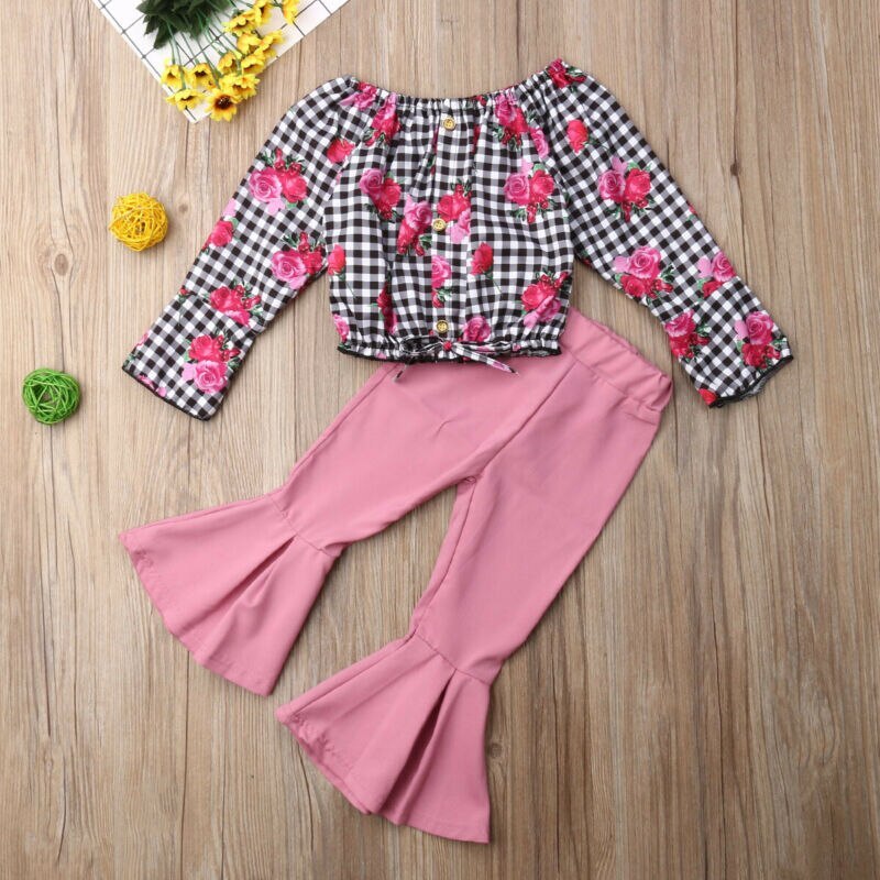 Girls' Clothing, Small And Medium-Sized Children's Checked Long-Sleeved Flared Pants