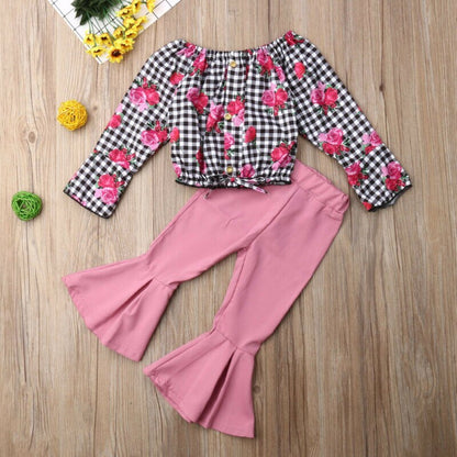 Girls' Clothing, Small And Medium-Sized Children's Checked Long-Sleeved Flared Pants