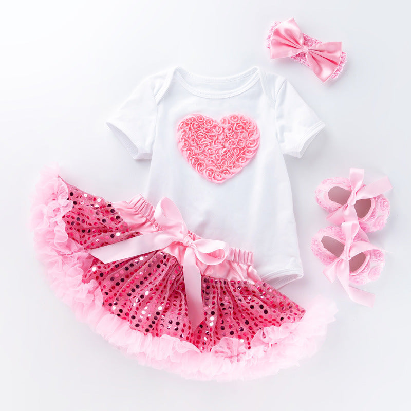 Pink sequined tutu skirt short sleeve high quality cotton romper