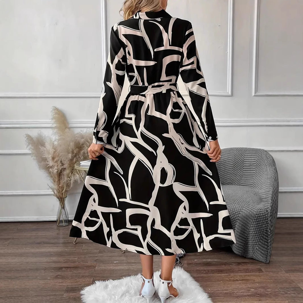 New Elegant Graceful Fashion Polo Collar Printed Long Shirt Dress Women