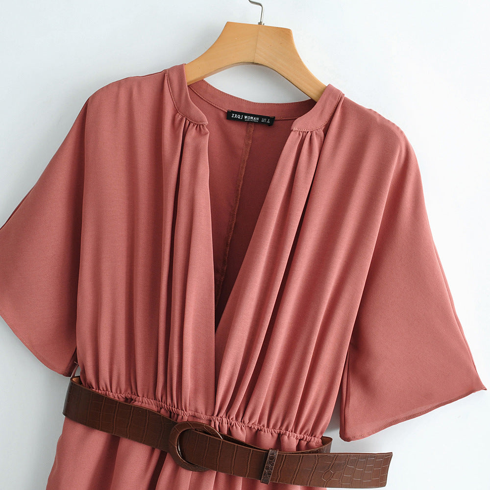 Women's Stand Collar Short Sleeve with Belt Jumpsuit