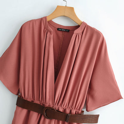 Women's Stand Collar Short Sleeve with Belt Jumpsuit